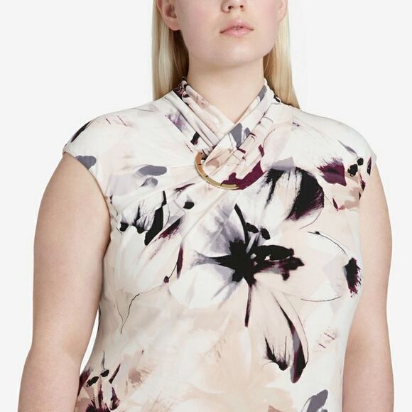 New! CALVIN KLEIN Women's Plus Size Twist-Collar Floral Jersey Sheath Dress 2X - Picture 3 of 8